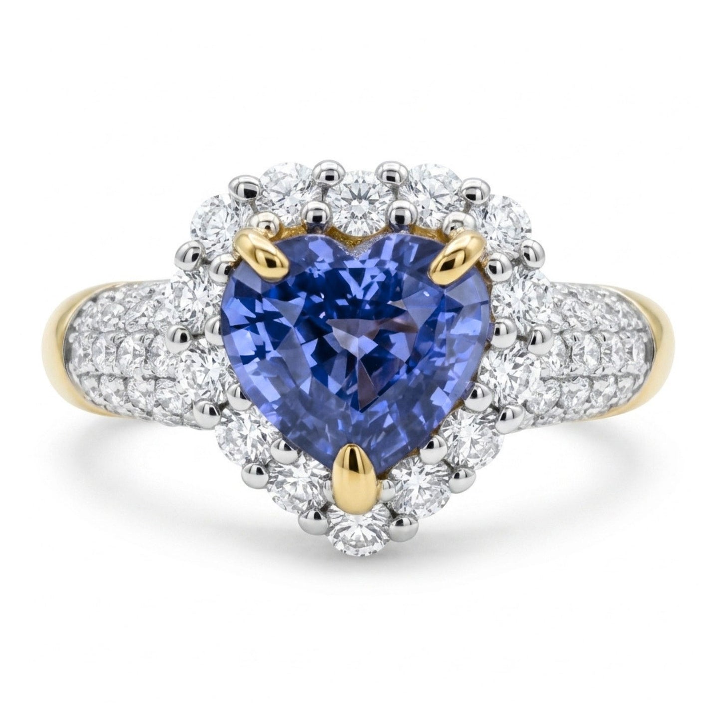 14K 1.60ct Heart Shape Unheated Cornflower Blue Sapphire 0.84cttw VS White Diamonds Ring