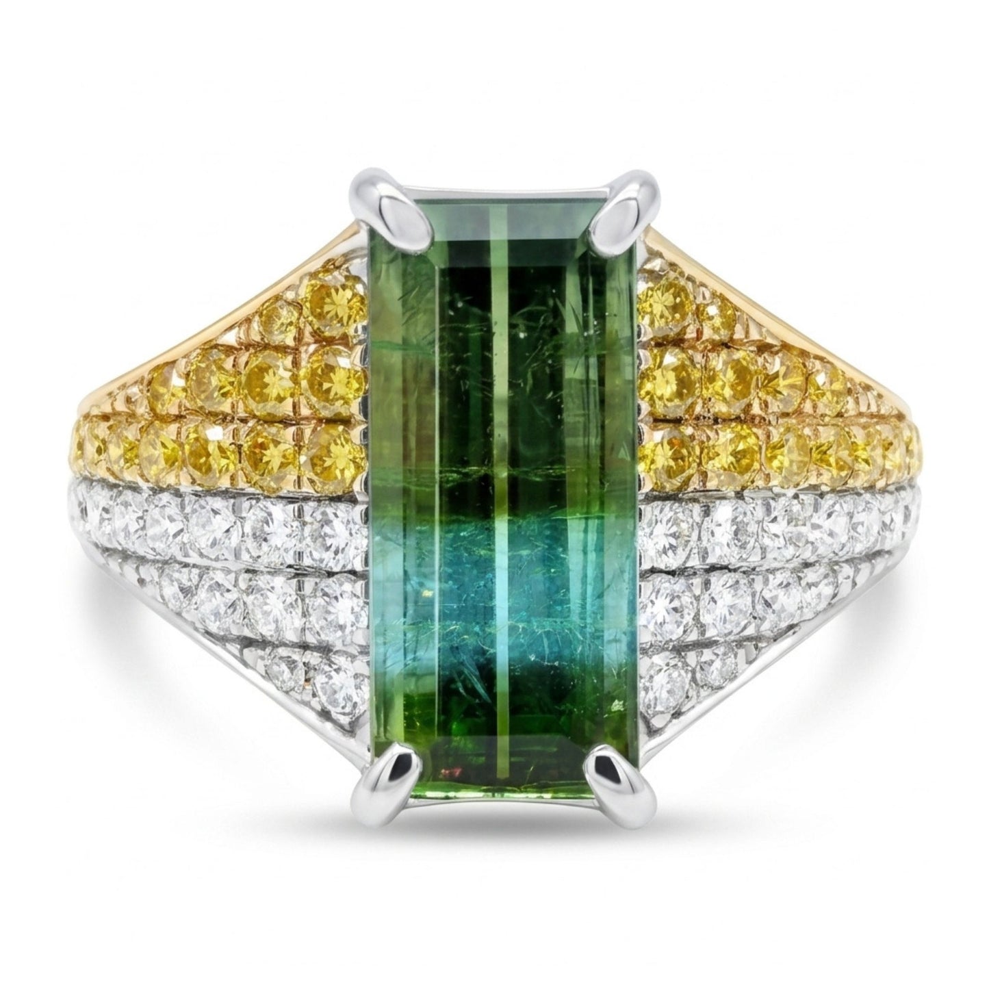 14K 1.65ct Baguette Bi-Color Paraiba 0.54cttw Yellow & White Diamonds Ring