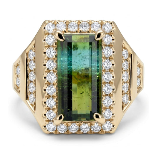 14K 1.56ct Baguette Bi-Color Paraiba 0.42cttw VS White Diamonds Ring