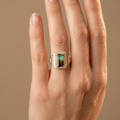 14K 1.56ct Baguette Bi-Color Paraiba 0.42cttw VS White Diamonds Ring