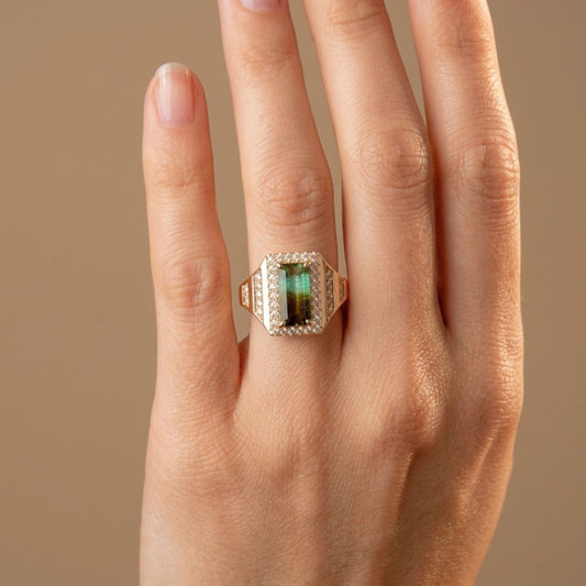 14K 1.56ct Baguette Bi-Color Paraiba 0.42cttw VS White Diamonds Ring
