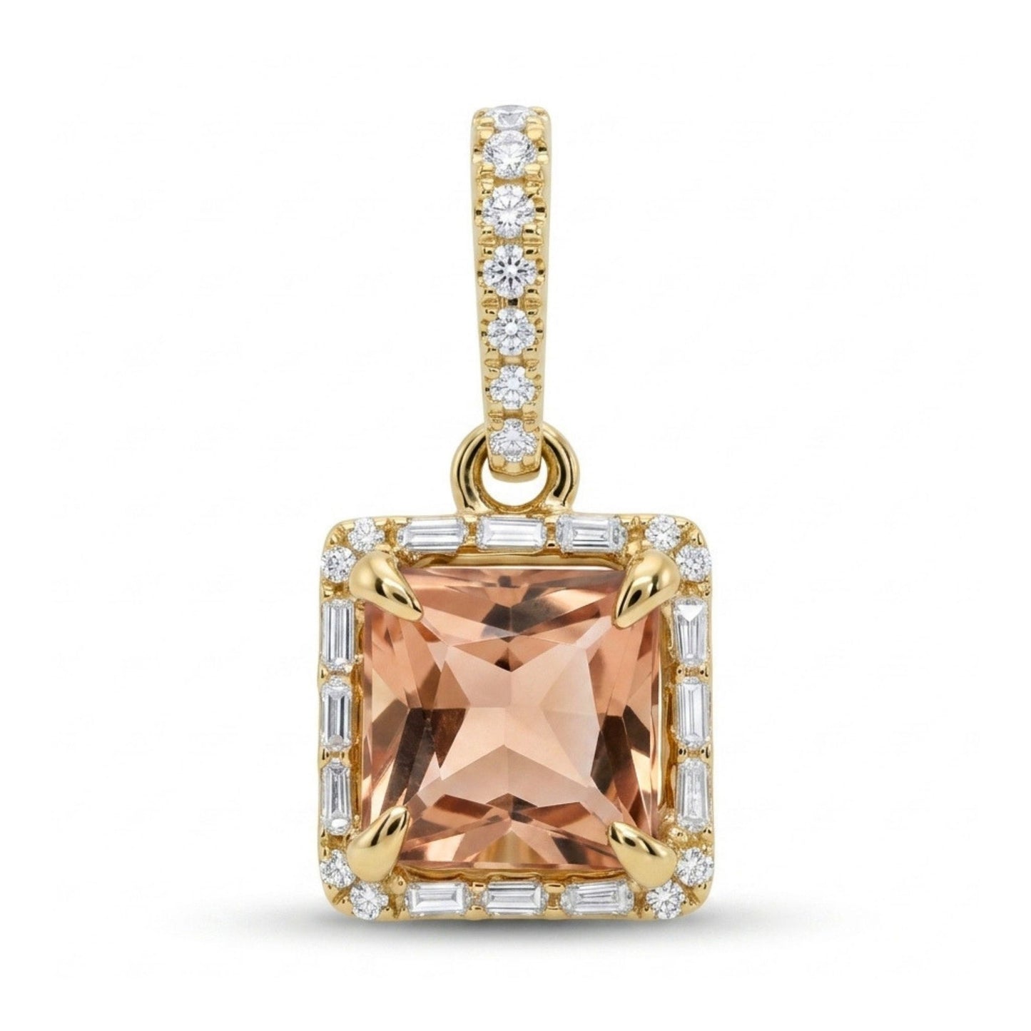14K 1.09ct Princess Cut Imperial Topaz 0.15cttw White Diamonds Pendant