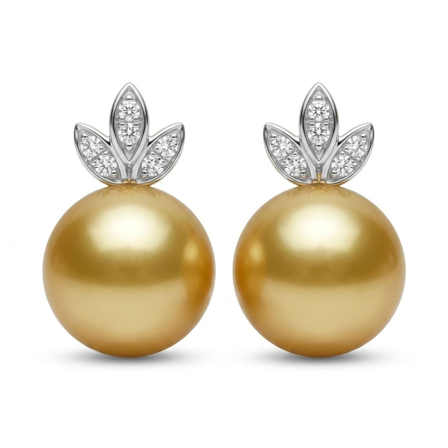 14K 11mm South Sea Golden Pearl 0.14cttw VS White Diamonds Stud Earrings