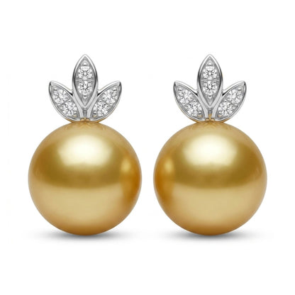 14K 11mm South Sea Golden Pearl 0.14cttw VS White Diamonds Stud Earrings