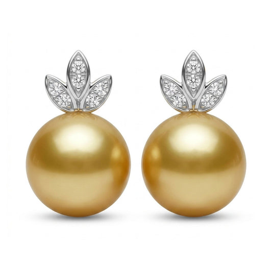 14K 11mm South Sea Golden Pearl 0.14cttw VS White Diamonds Stud Earrings