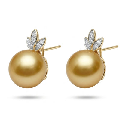 14K 11mm South Sea Golden Pearl 0.14cttw VS White Diamonds Stud Earrings