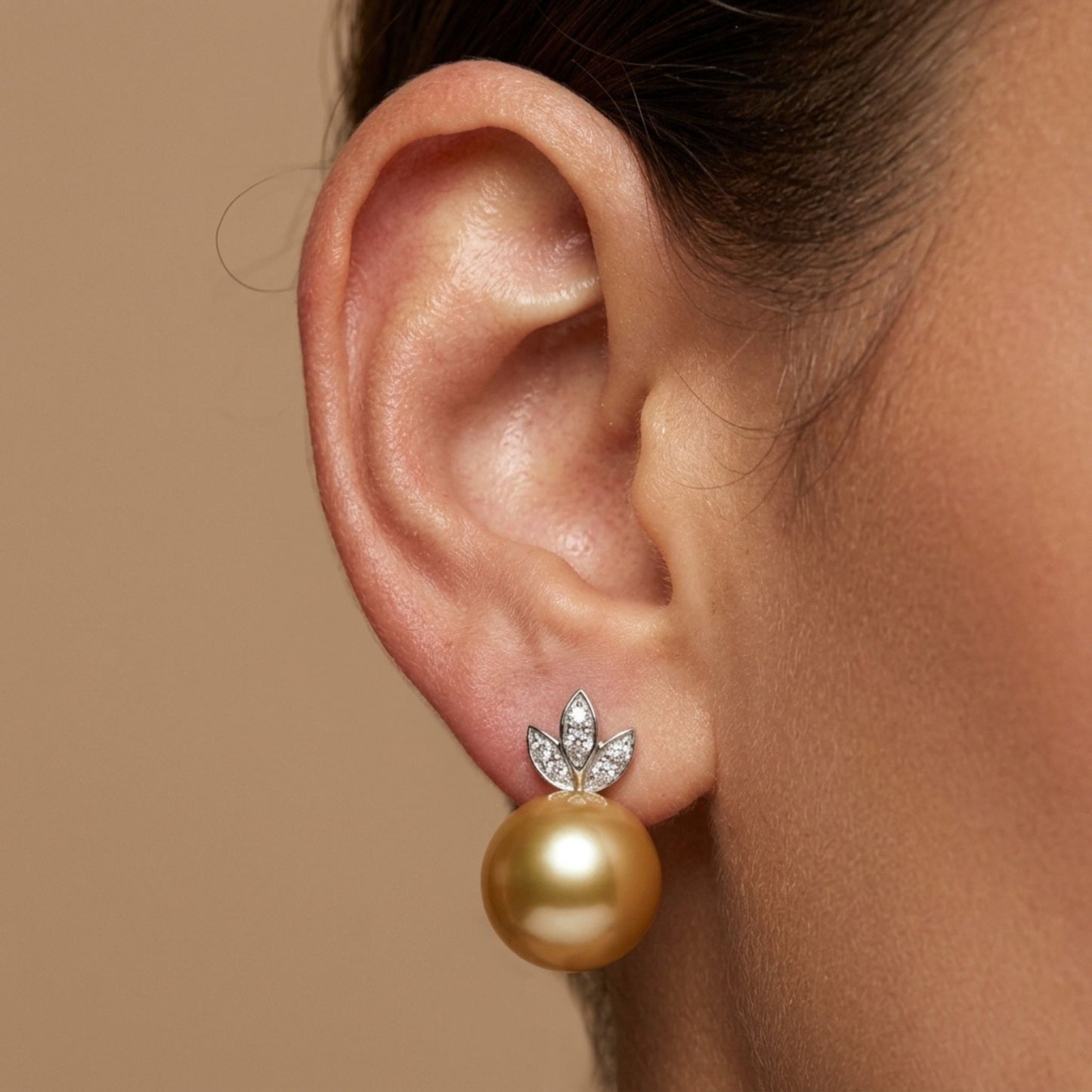 14K 11mm South Sea Golden Pearl 0.14cttw VS White Diamonds Stud Earrings