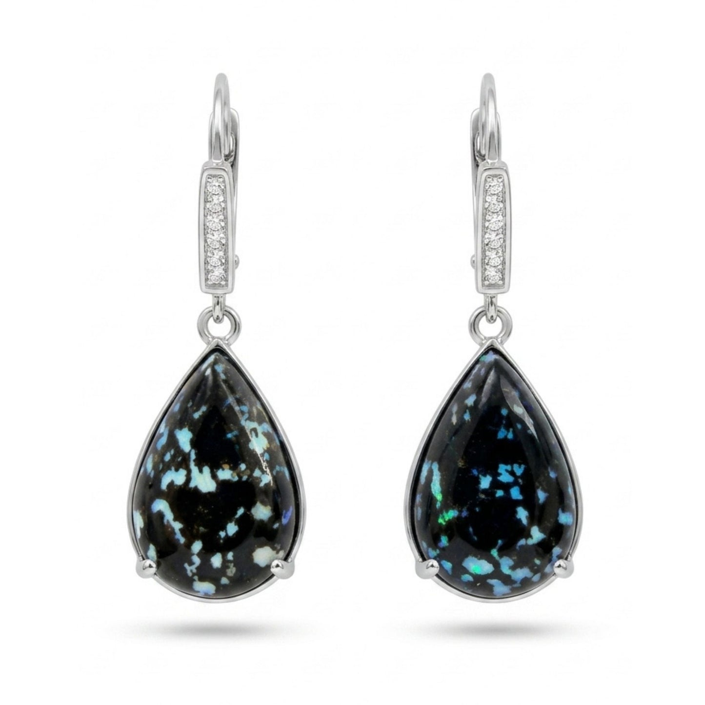 14K 12.80cttw Pear Shape Leopard Opal 0.07cttw VS White Diamonds Drop Earrings
