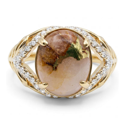 14K 2.53ct Oval Natural Gold Quartz 0.14cttw White Diamonds Ring