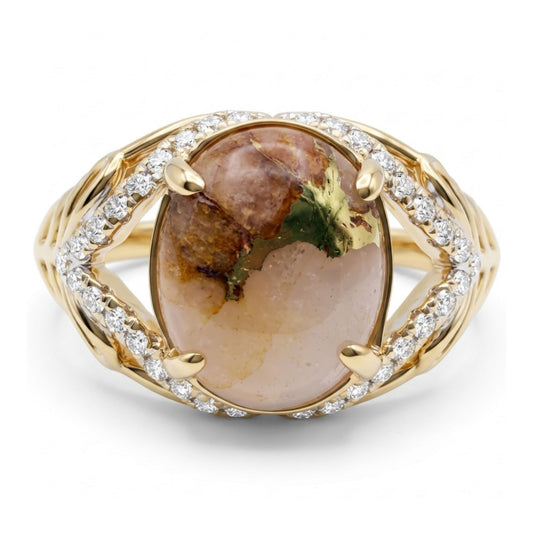 14K 2.53ct Oval Natural Gold Quartz 0.14cttw White Diamonds Ring