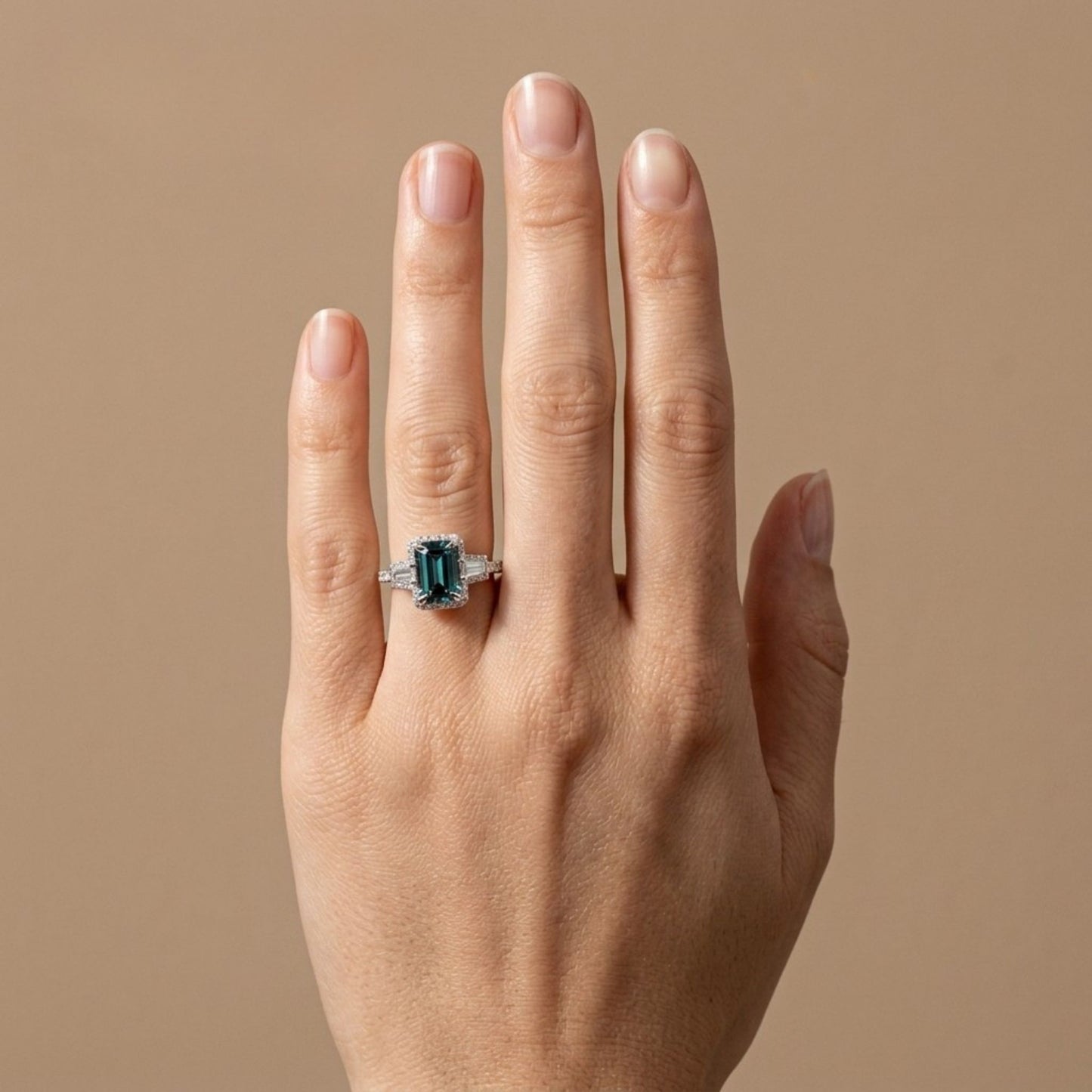 18K 1.04ct Emerald Cut Lagoon Tourmaline 0.51cttw White Diamonds Ring