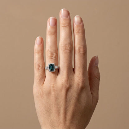 18K 1.04ct Emerald Cut Lagoon Tourmaline 0.51cttw White Diamonds Ring