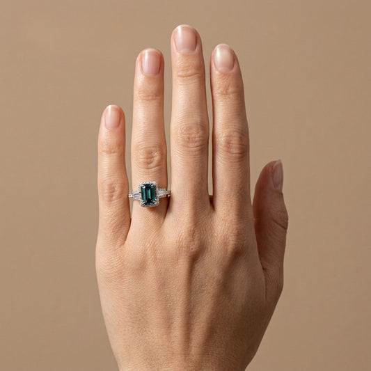 18K 1.04ct Emerald Cut Lagoon Tourmaline 0.51cttw White Diamonds Ring