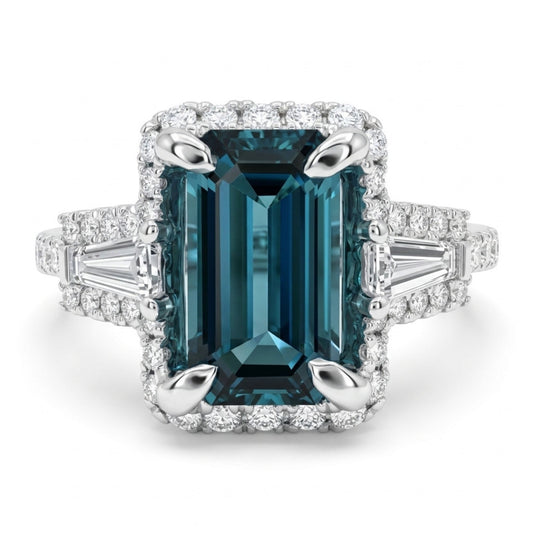 18K 1.04ct Emerald Cut Lagoon Tourmaline 0.51cttw White Diamonds Ring