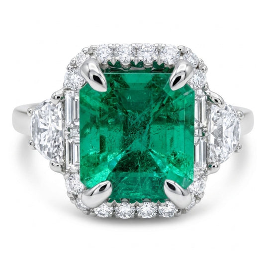 18K 1.50ct Emerald Cut Colombian Emerald 0.54cttw White Diamonds Ring