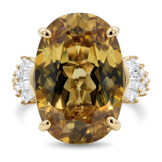 14K gold 9.38ct oval golden zircon ring with 0.46cttw VS white diamonds