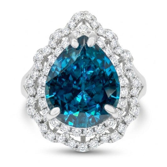 14K 4.06ct Pear Shape Blue Zircon 0.50cttw VS White Diamonds Ring