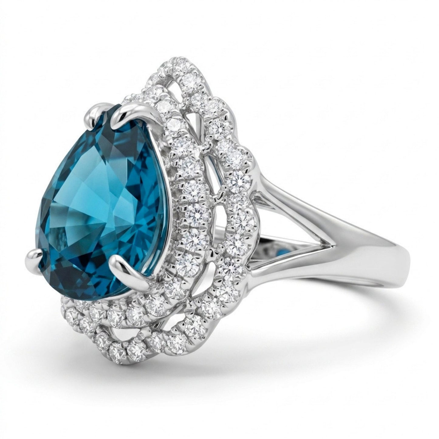 14K 4.06ct Pear Shape Blue Zircon 0.50cttw VS White Diamonds Ring