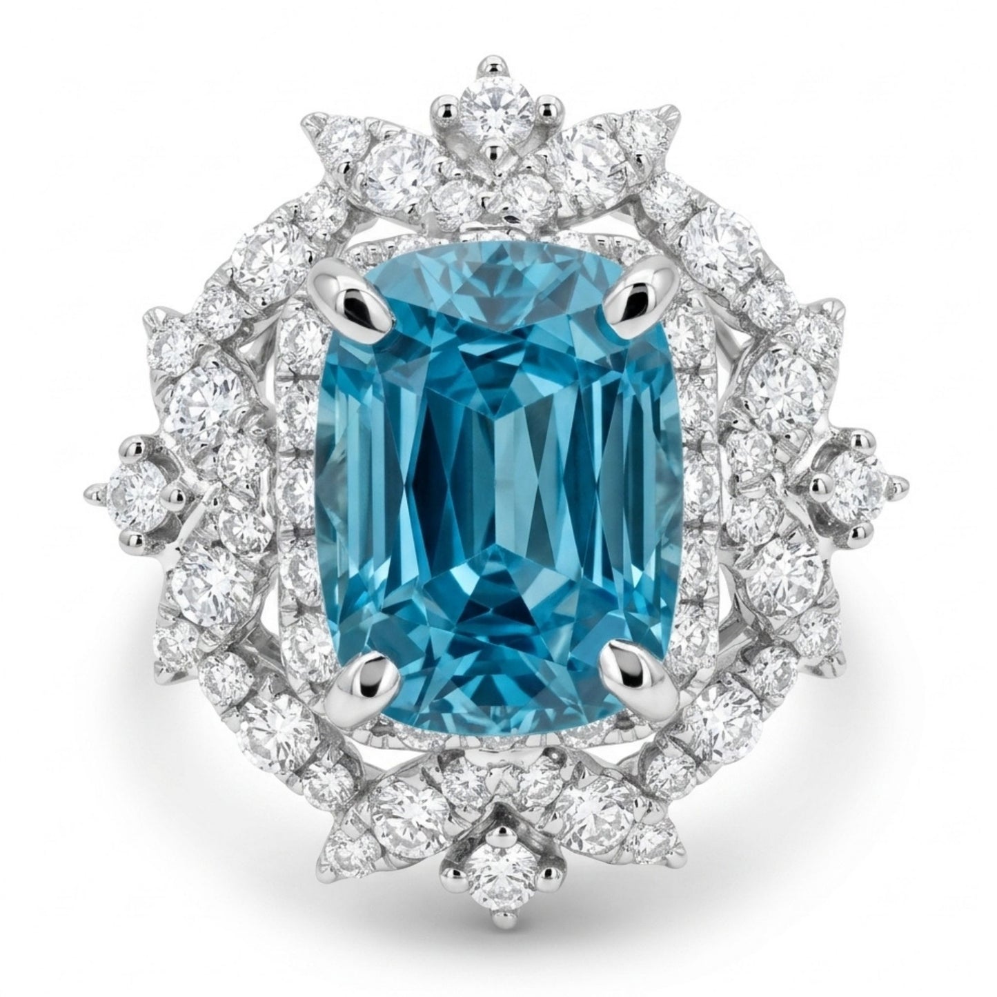 14K 3.50ct Cushion Blue Zircon 0.76cttw VS White Diamonds Ring