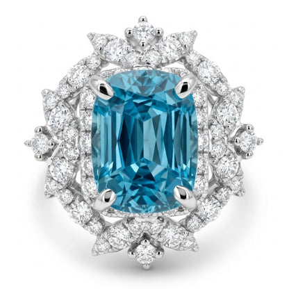 14K 3.50ct Cushion Blue Zircon 0.76cttw VS White Diamonds Ring