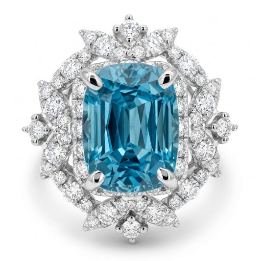14K 3.50ct Cushion Blue Zircon 0.76cttw VS White Diamonds Ring