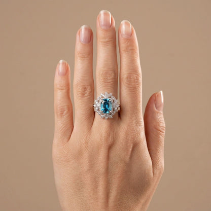 14K 3.50ct Cushion Blue Zircon 0.76cttw VS White Diamonds Ring