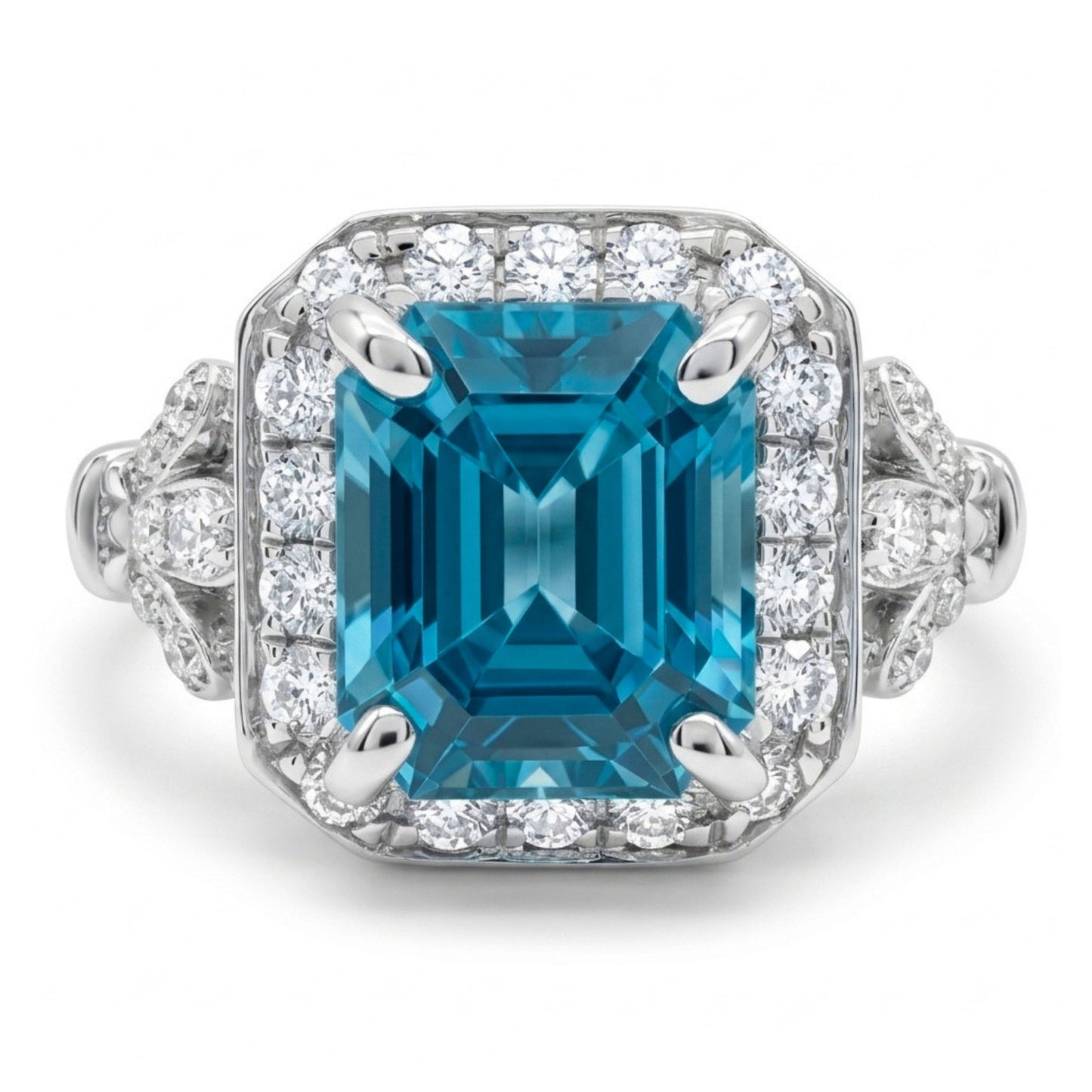 14K 3.12ct Emerald Cut Blue Zircon 0.46cttw VS White Diamonds Ring