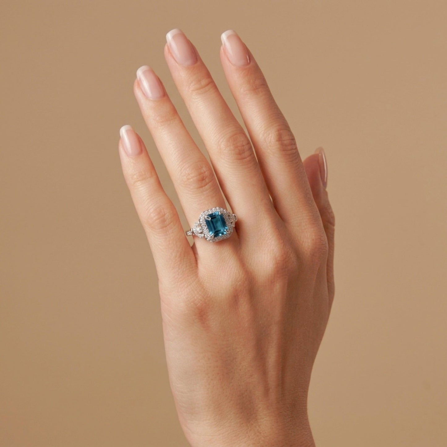14K 3.12ct Emerald Cut Blue Zircon 0.46cttw VS White Diamonds Ring