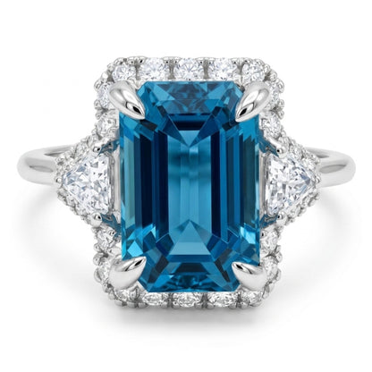 18K 3.11ct Emerald Cut Blue Zircon 0.41cttw White Diamonds Ring