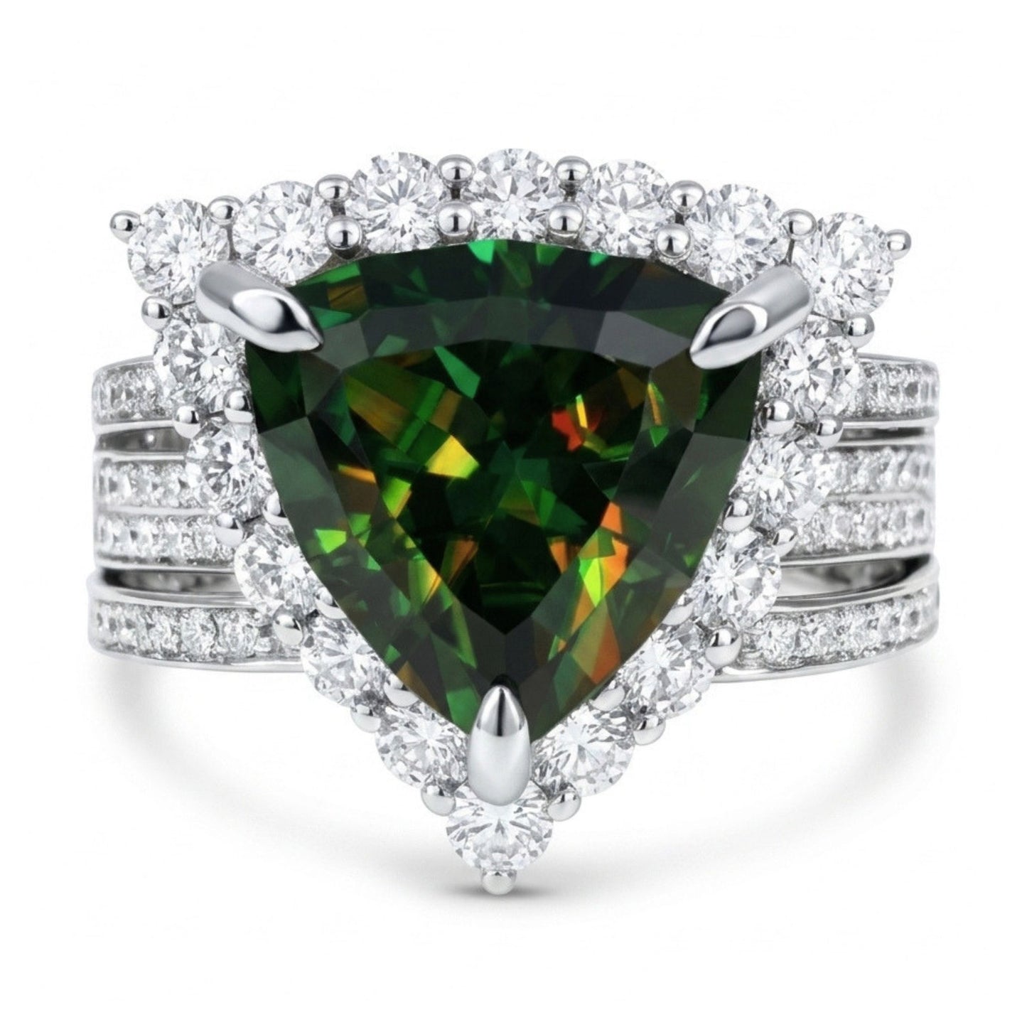 14K 3.28ct Trilliant Color Change Sphene 1.16cttw VS White Diamonds Ring