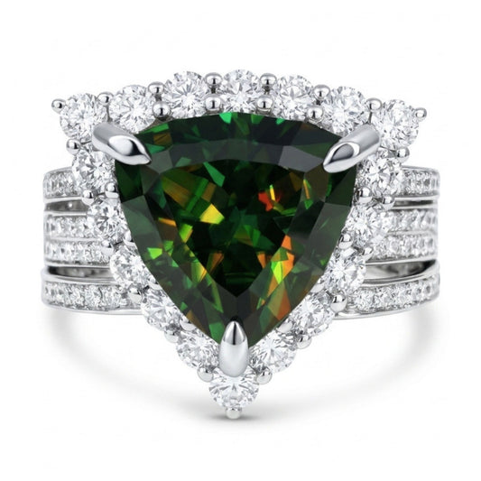 14K 3.28ct Trilliant Color Change Sphene 1.16cttw VS White Diamonds Ring