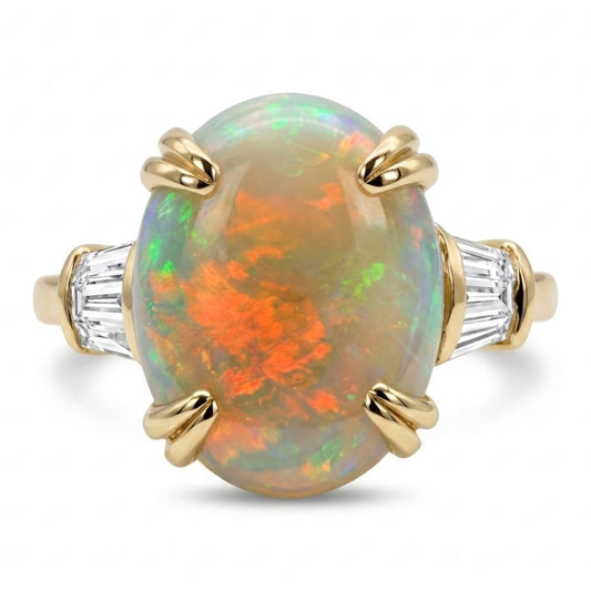 14K 3.50ct Oval Australian Opal 0.19cttw White Diamonds Ring
