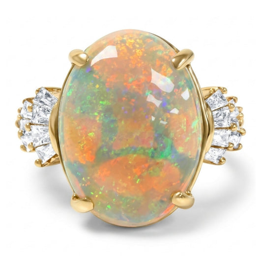 14K 3.21ct Oval Australian Opal 0.44cttw White Diamonds Ring
