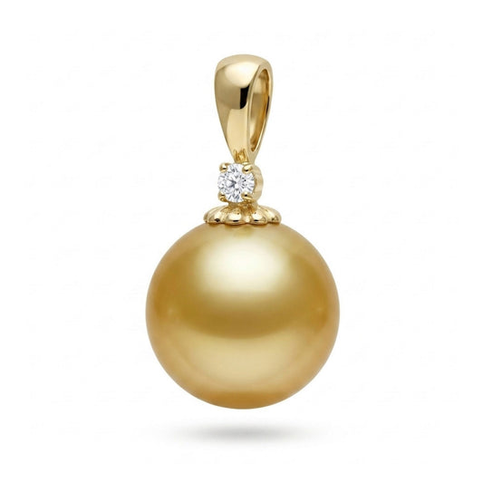 14K 12mm South Sea Golden Pearl 0.01ct VS White Diamond Pendant