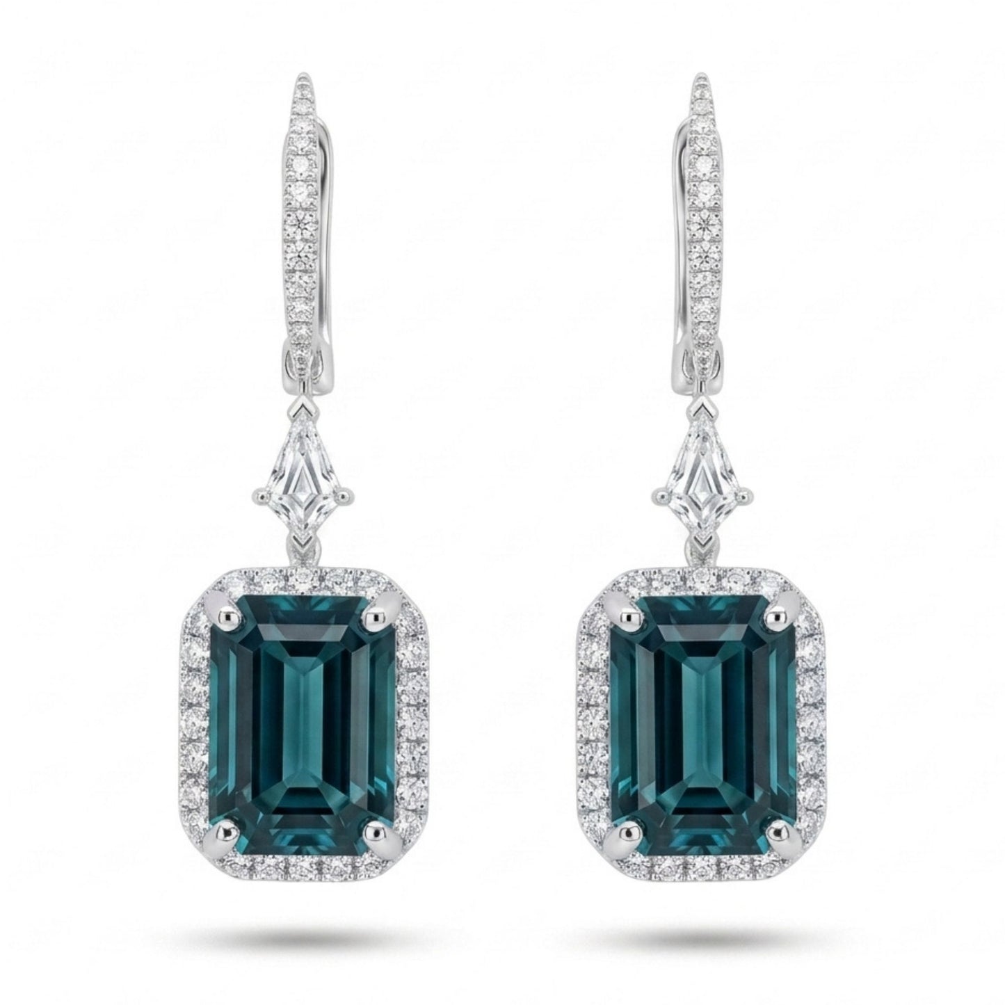 18K 5.03cttw Emerald Cut Lagoon Tourmaline 0.62cttw VS White Diamonds Drop Earrings