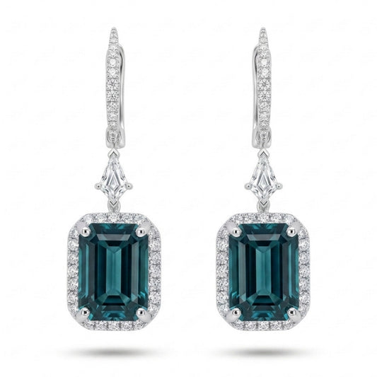 18K 5.03cttw Emerald Cut Lagoon Tourmaline 0.62cttw VS White Diamonds Drop Earrings