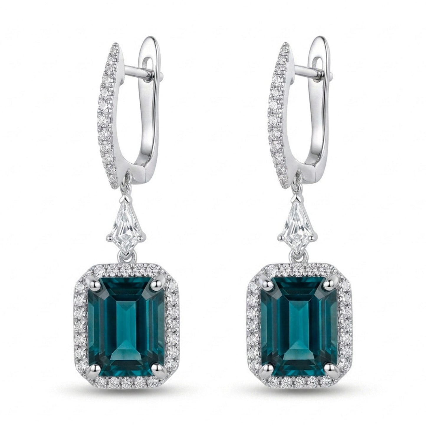 18K 5.03cttw Emerald Cut Lagoon Tourmaline 0.62cttw VS White Diamonds Drop Earrings
