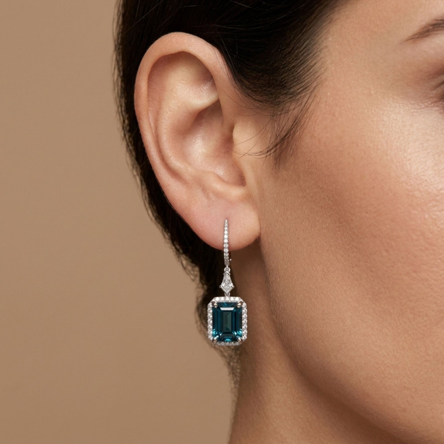 18K 5.03cttw Emerald Cut Lagoon Tourmaline 0.62cttw VS White Diamonds Drop Earrings