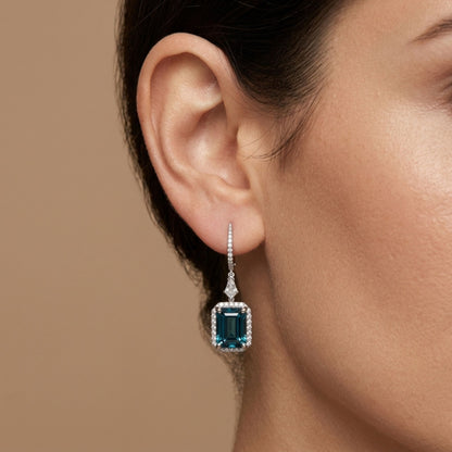 18K 5.03cttw Emerald Cut Lagoon Tourmaline 0.62cttw VS White Diamonds Drop Earrings