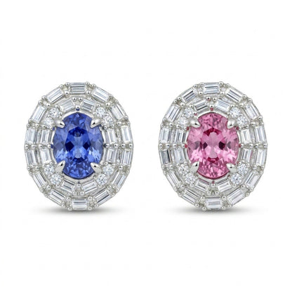 18K 3.00cttw Oval Unheated Pink & Blue Sapphire 0.89cttw White Diamonds Stud Earrings