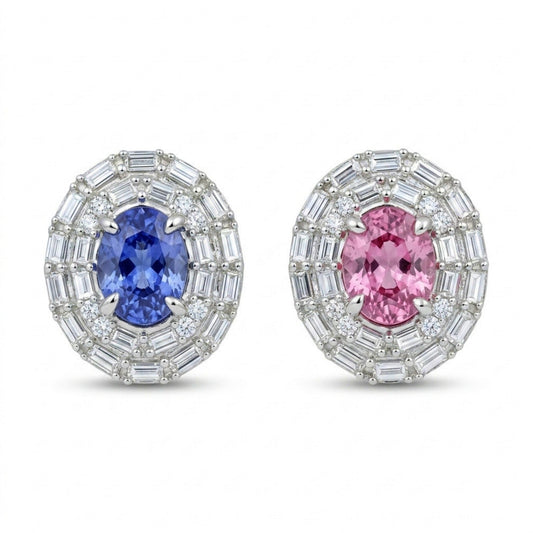18K 3.00cttw Oval Unheated Pink & Blue Sapphire 0.89cttw White Diamonds Stud Earrings