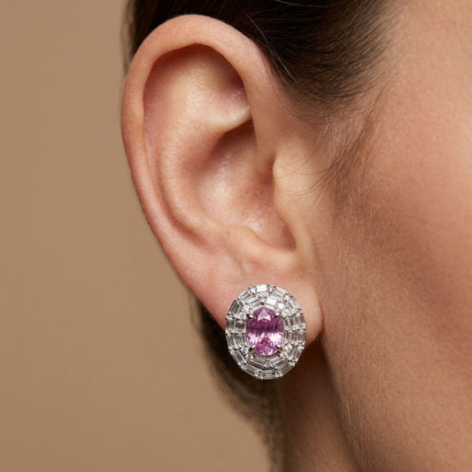 18K 3.00cttw Oval Unheated Pink & Blue Sapphire 0.89cttw White Diamonds Stud Earrings