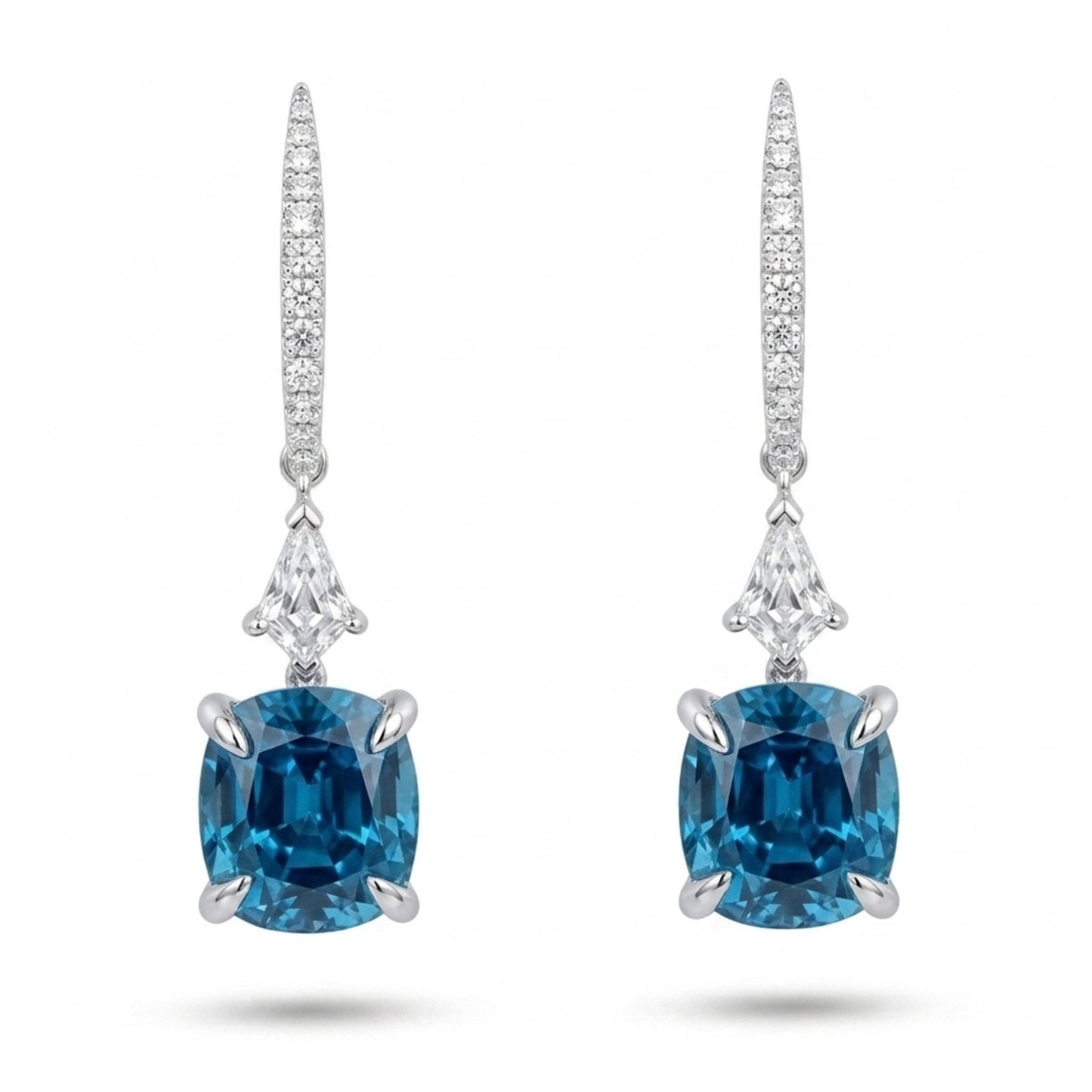 18K 6.81cttw Cushion Blue Zircon 0.31cttw White Diamonds Drop Earrings