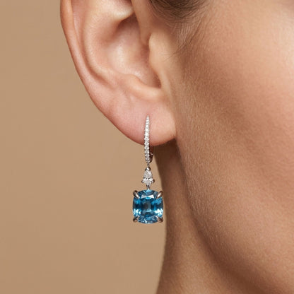 18K 6.81cttw Cushion Blue Zircon 0.31cttw White Diamonds Drop Earrings