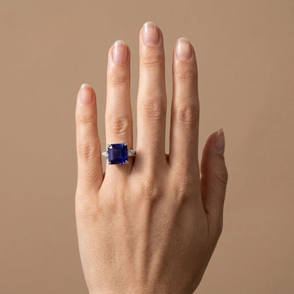 14K 13.02ct Asscher Cut Blue Wing Tanzanite 0.65cttw White Diamonds Ring