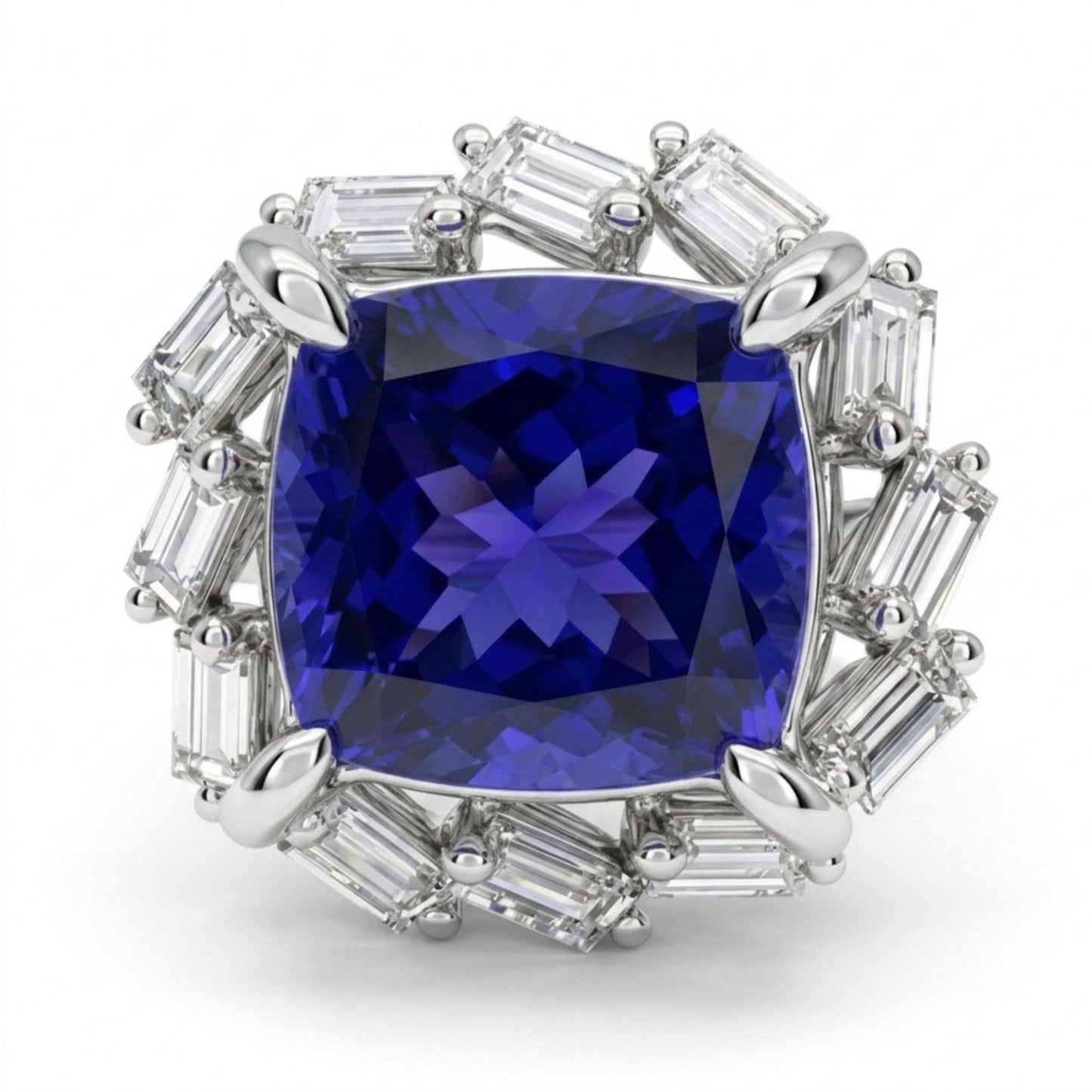 14K 9.32ct Cushion Blue Wing Tanzanite 1.15cttw VS White Diamonds Ring