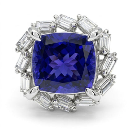 14K 9.32ct Cushion Blue Wing Tanzanite 1.15cttw VS White Diamonds Ring