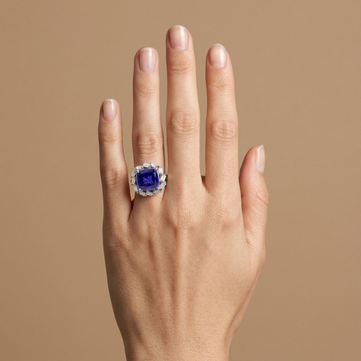 14K 9.32ct Cushion Blue Wing Tanzanite 1.15cttw VS White Diamonds Ring