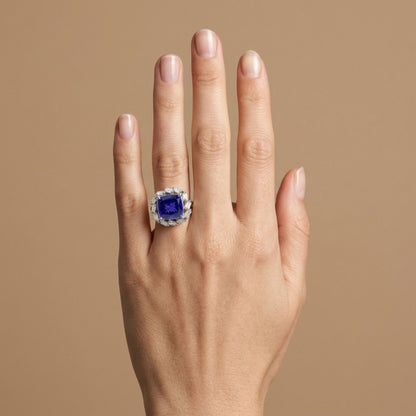14K 9.32ct Cushion Blue Wing Tanzanite 1.15cttw VS White Diamonds Ring