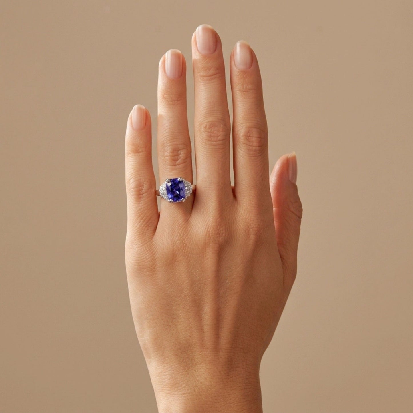 14K 3.48ct Cushion Blue Wing Tanzanite 0.45cttw White Diamonds Ring